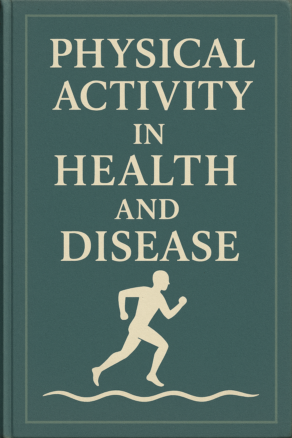 Bok med tittelen "Physical activity in Health and Disease". Generert med KI. 