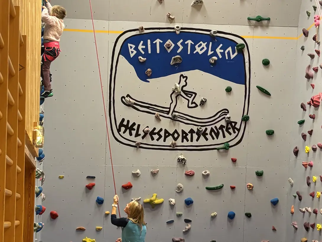 En jente på veg mot toppen i klatreveggen